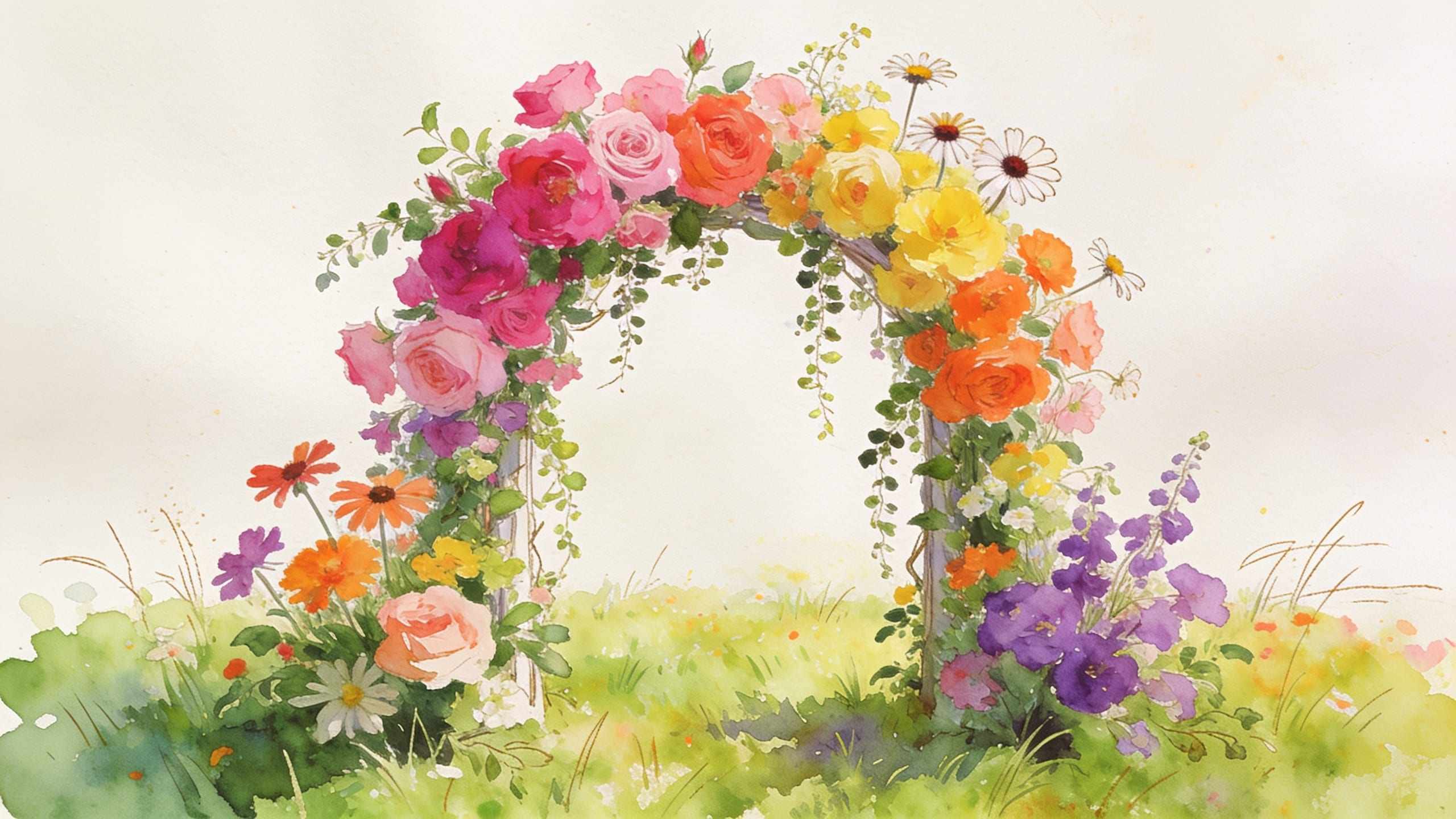 A watercolour of a flower arch in a meadow, pink, orange and yellow flowers climbing both sides