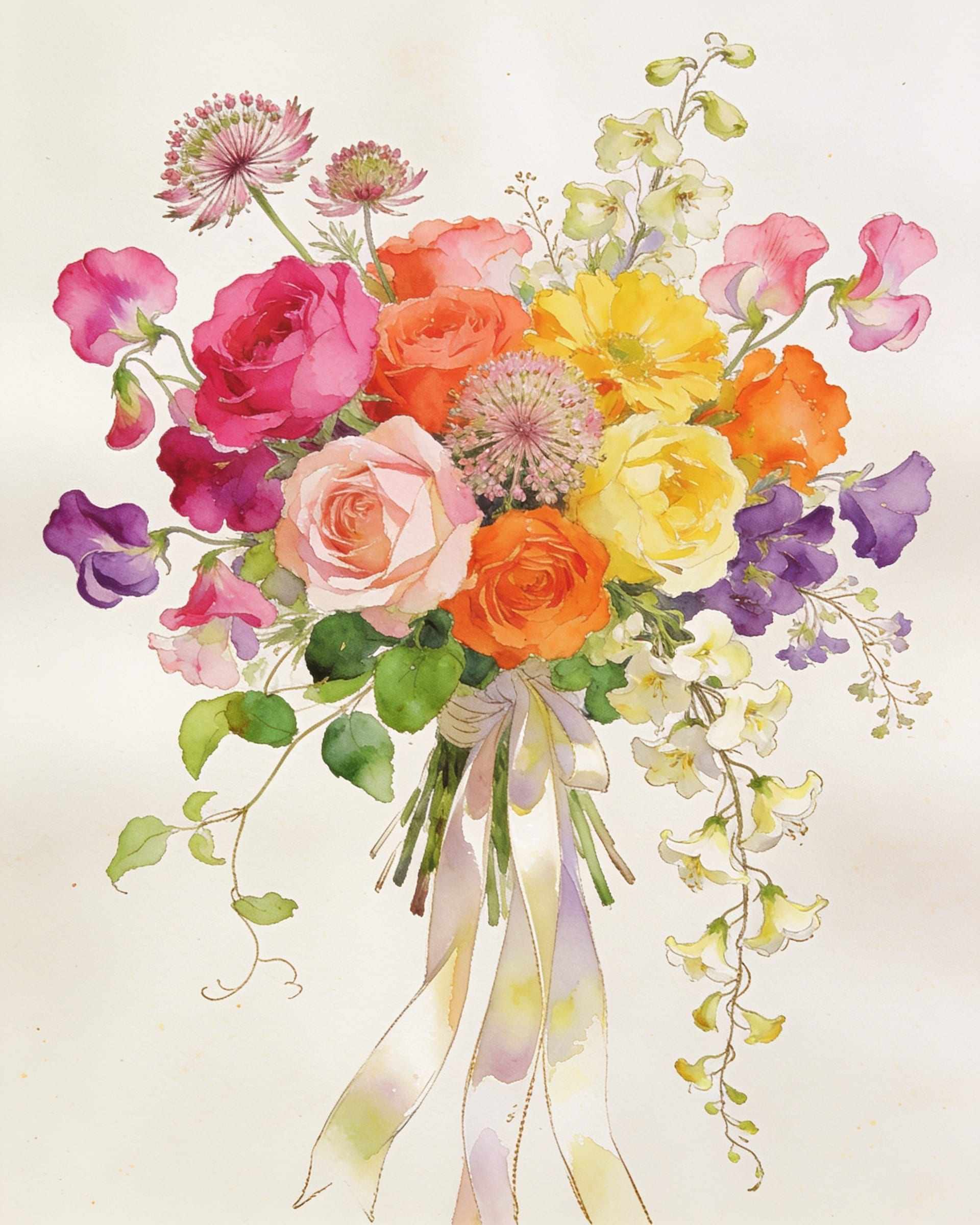 A watercolour of a bridal bouquet of pink and orange roses, yellow and violet flowers with long ribbons