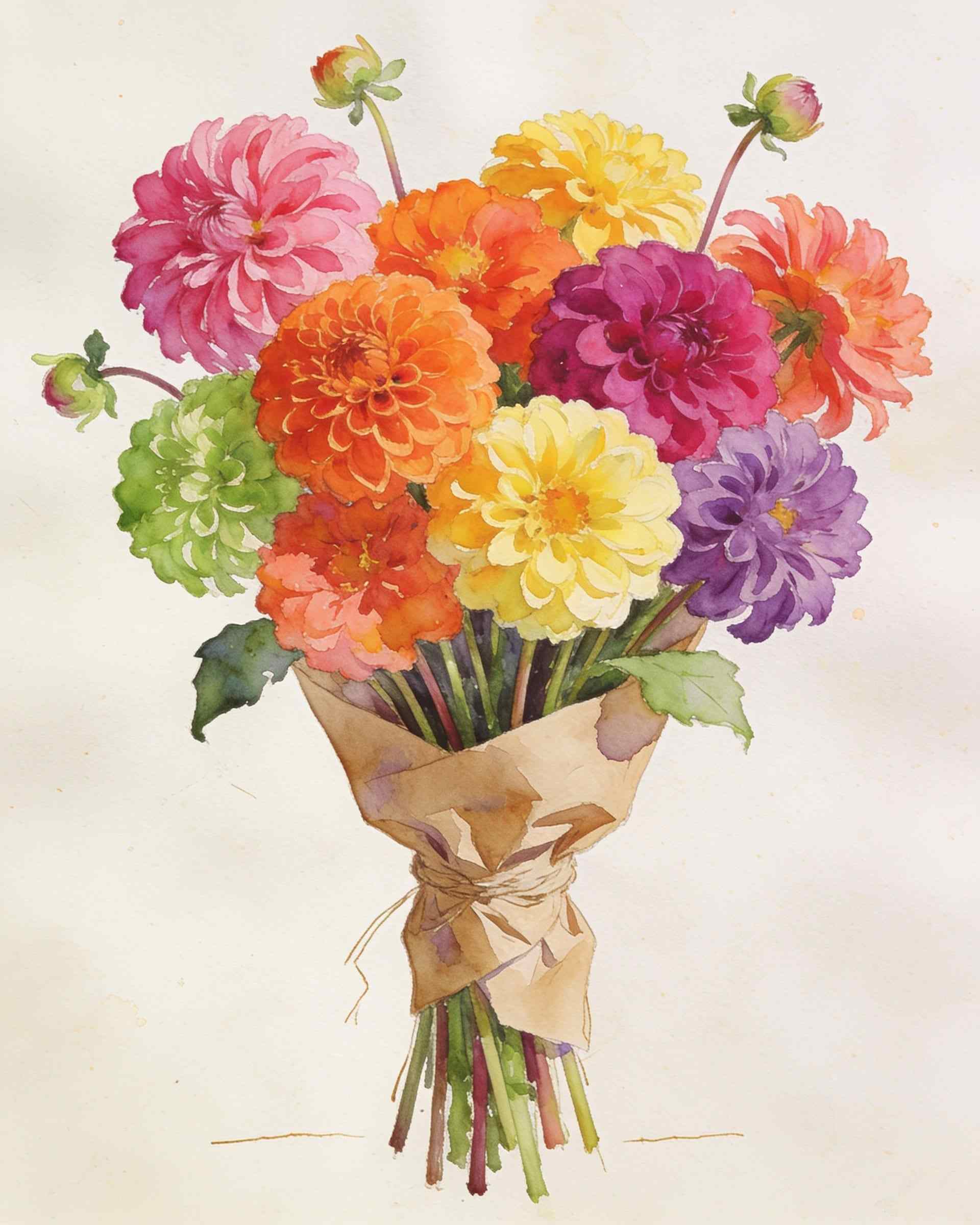 A watercolour of an armful of pink, orange, magenta, yellow and violet dahlias wrapped in kraft paper