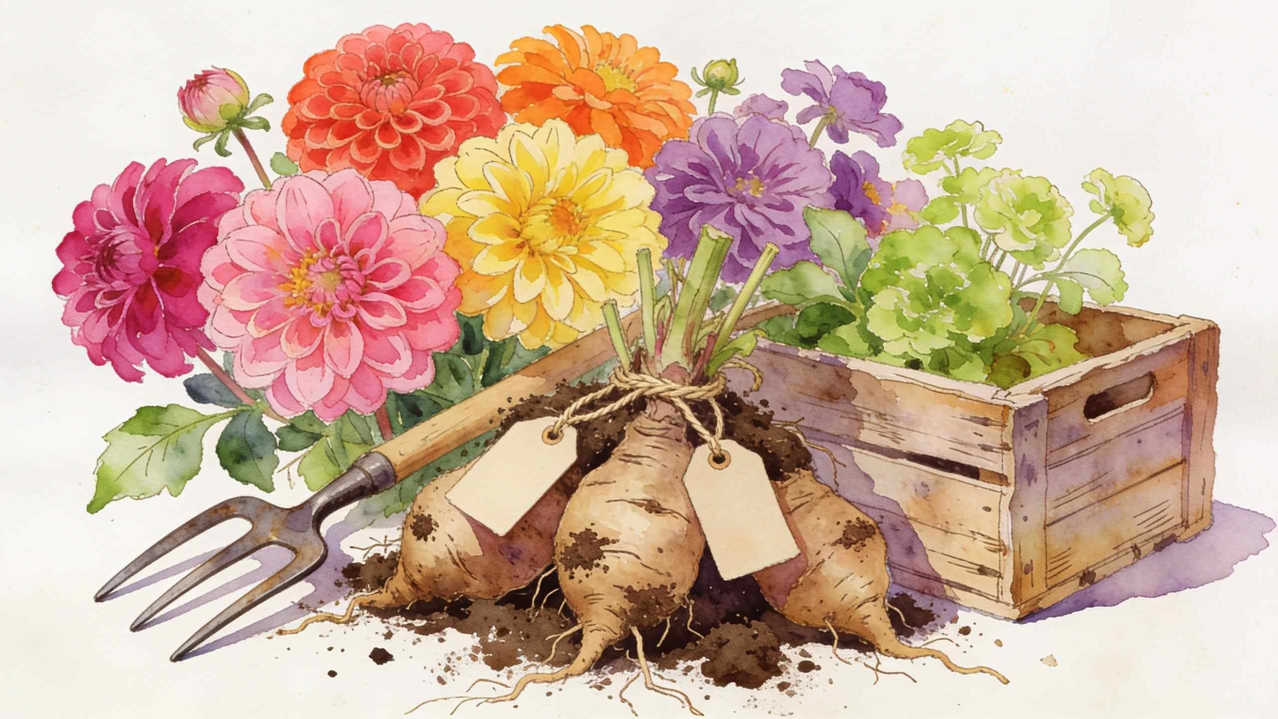 A watercolour of lifted dahlia tubers with blank tags, a garden fork, a crate and bright dahlias