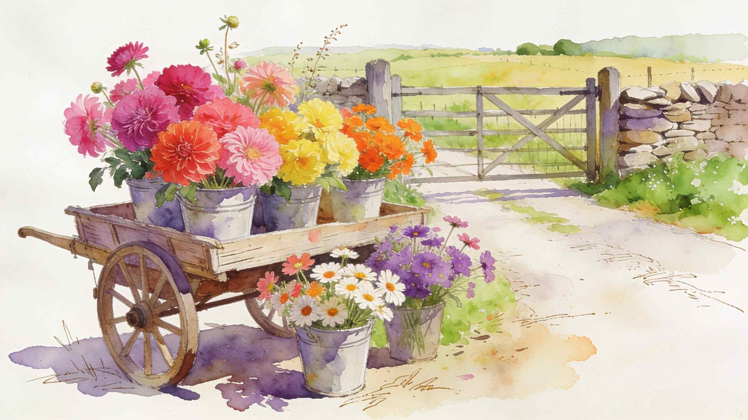 A watercolour of a wooden cart with buckets of pink, orange and yellow dahlias by a farm gate on a country lane