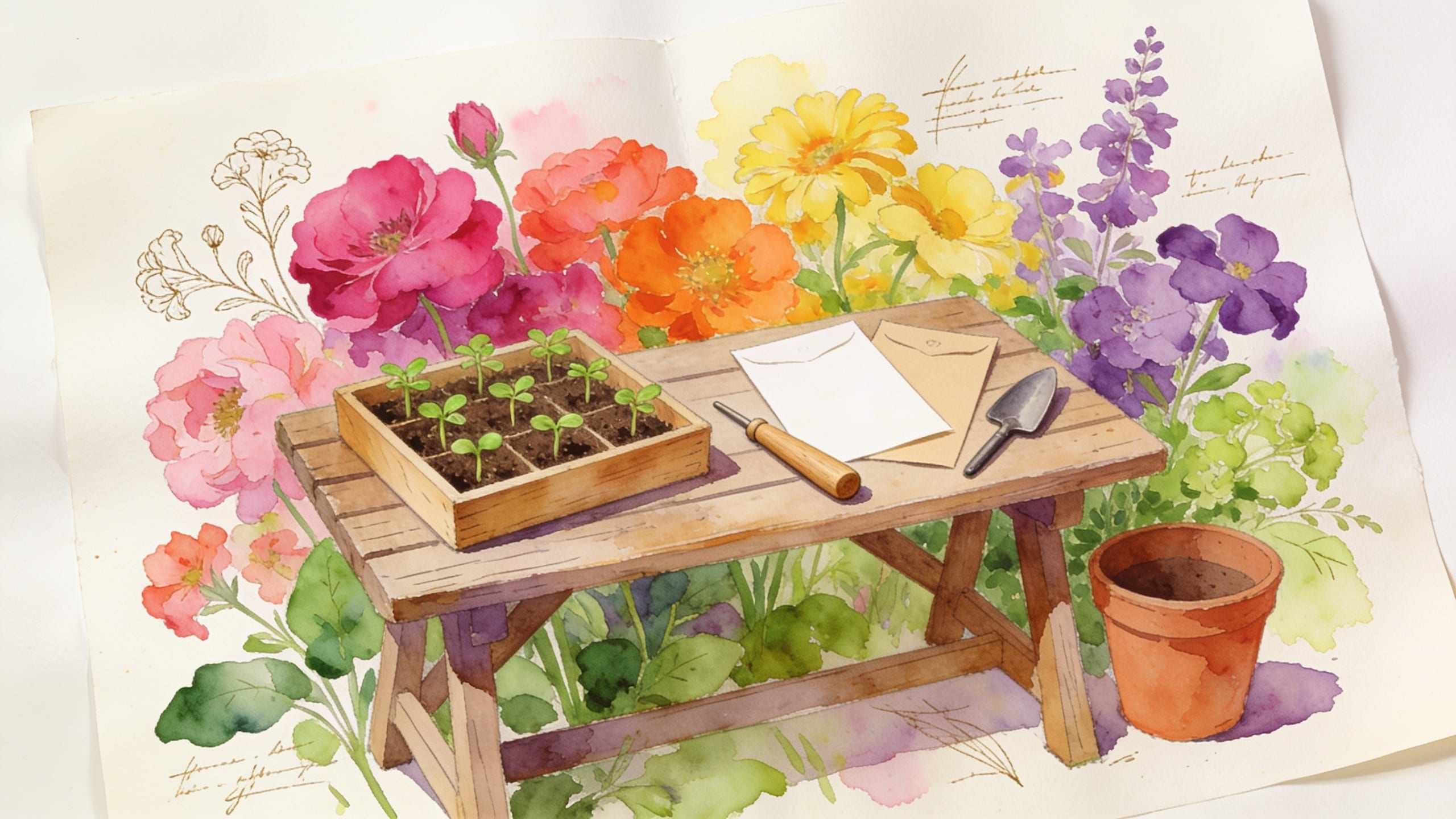 A watercolour of a seed tray of seedlings on a potting bench with seed packets, a trowel and bright flowers