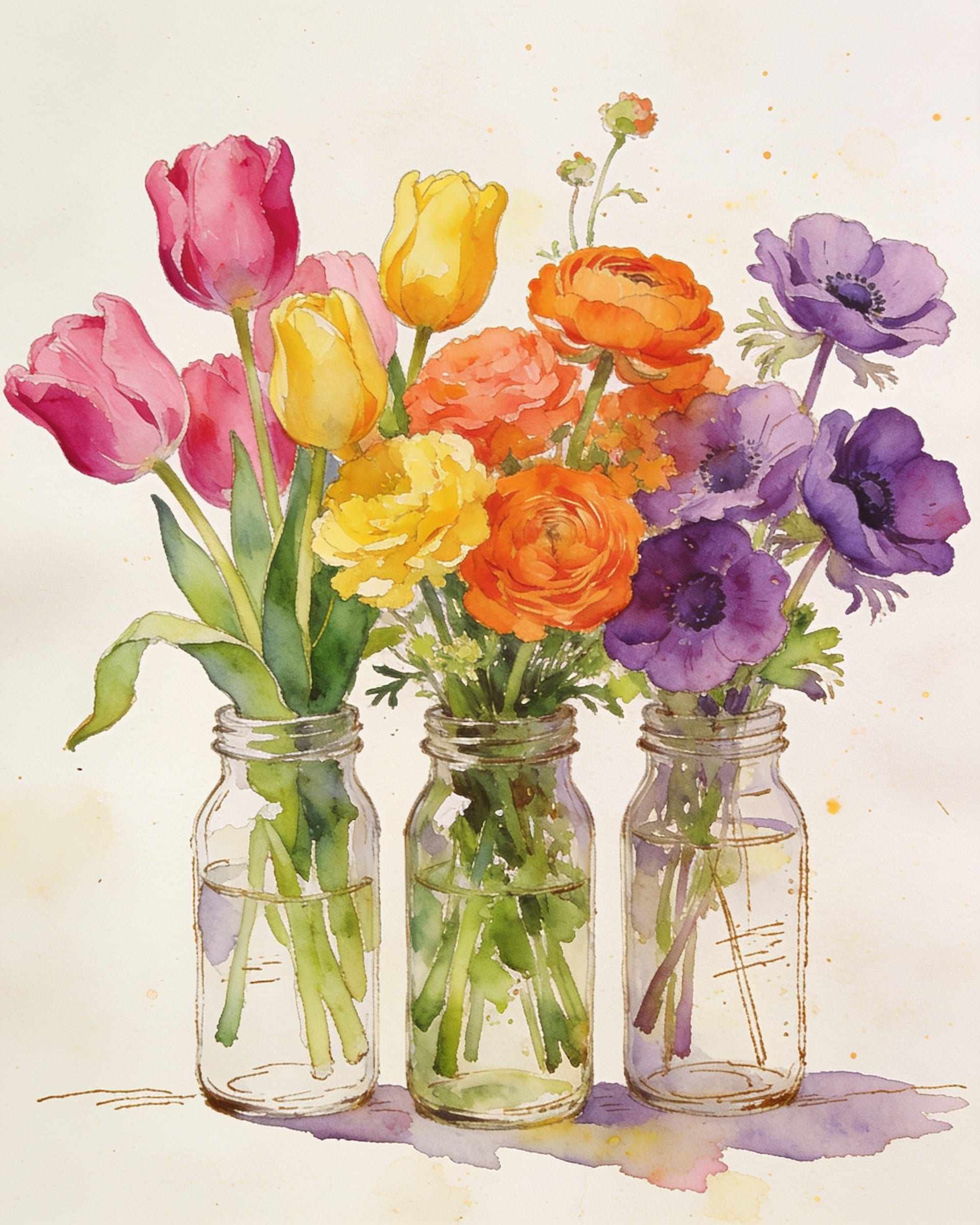 A watercolour of three glass jars of pink and yellow tulips, orange ranunculus and violet anemones