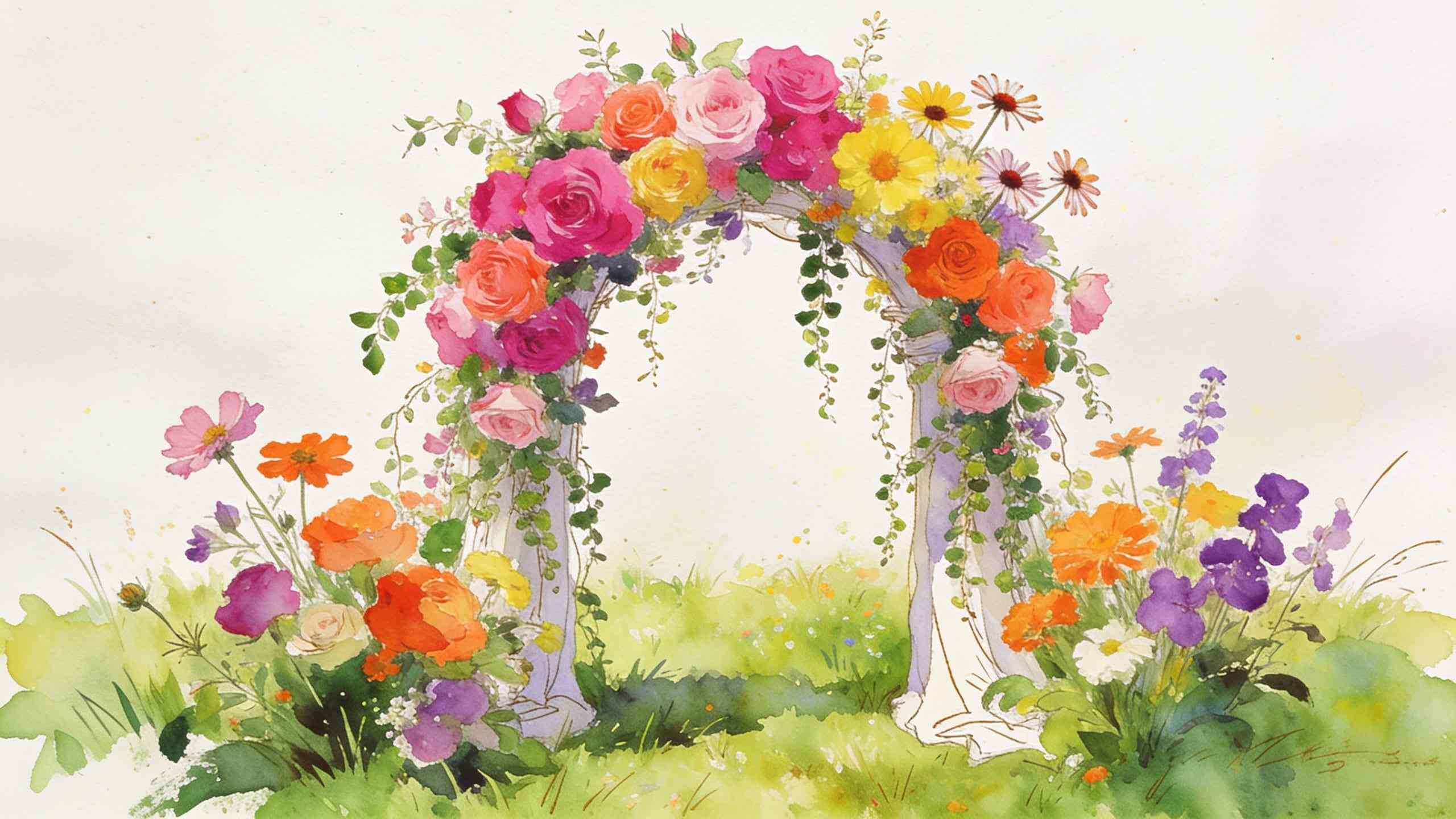 A watercolour of a flower arch of pink roses, orange zinnias and yellow flowers in a summer meadow