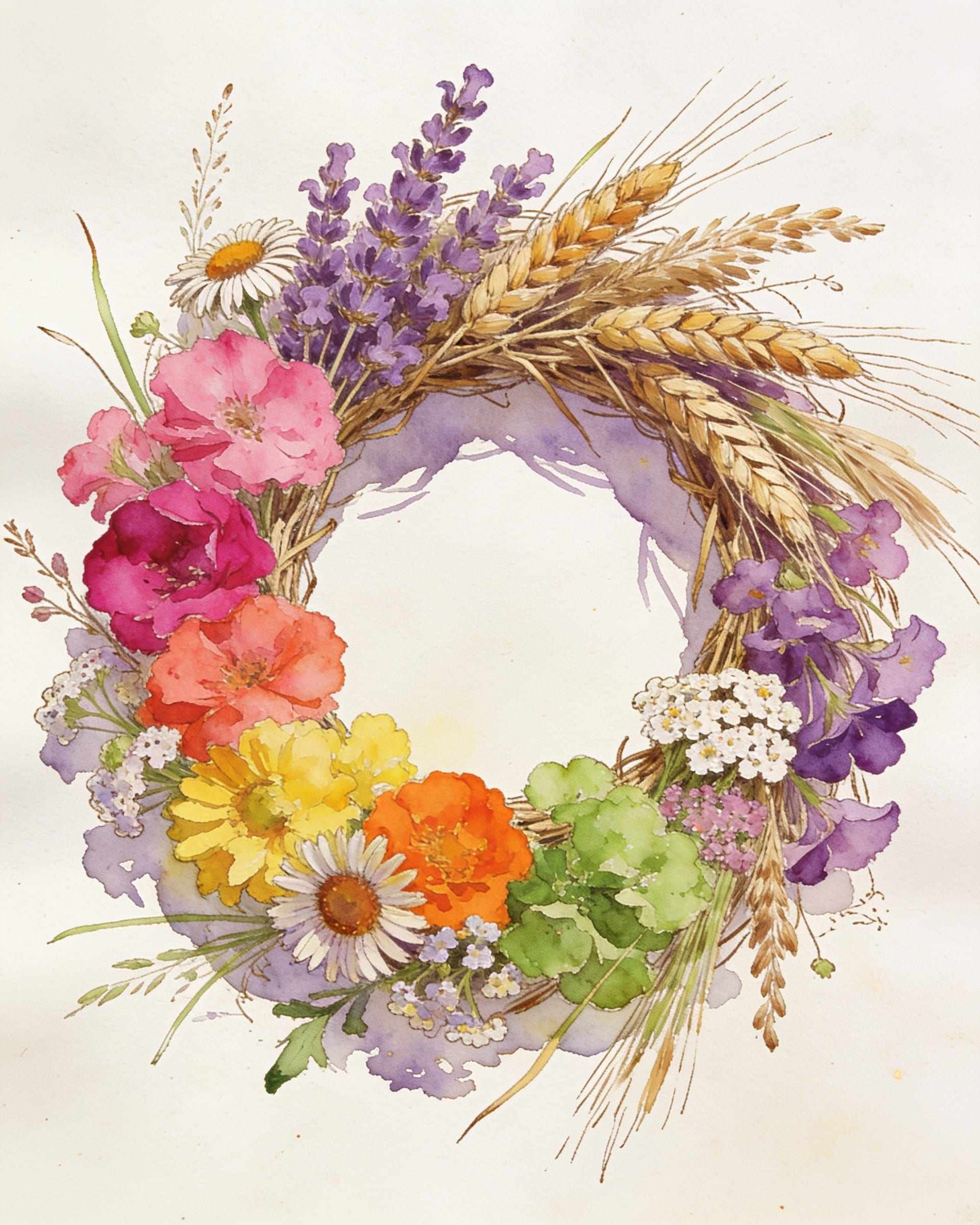 A watercolour of a round wreath of lavender, wheat, pink and orange strawflowers and yellow daisies