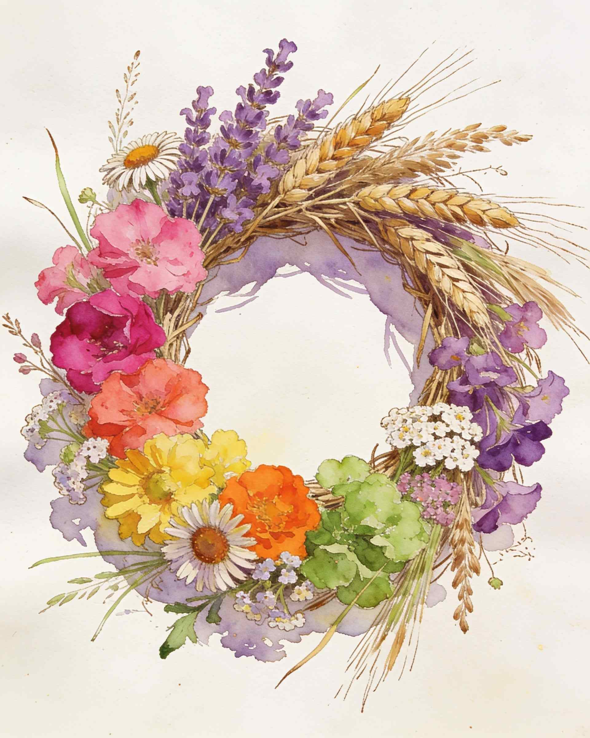 A watercolour of a round wreath of lavender, wheat, pink and orange strawflowers and yellow daisies