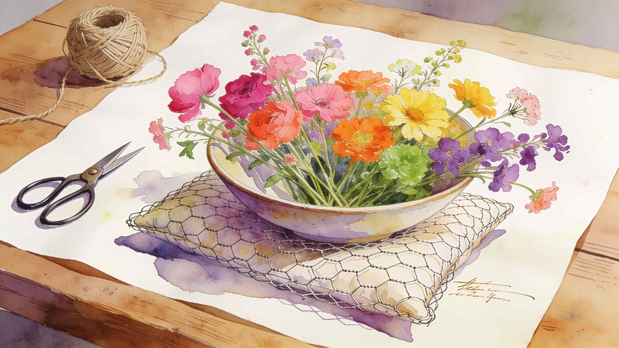 A watercolour of bright flowers in a ceramic bowl over a pillow of chicken wire, with scissors and twine