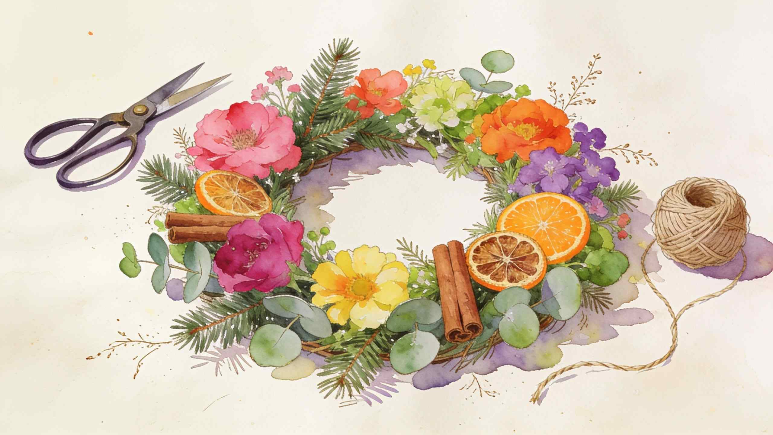 A watercolour of a bright wreath of pink, orange and yellow flowers with dried oranges, cinnamon, secateurs and twine