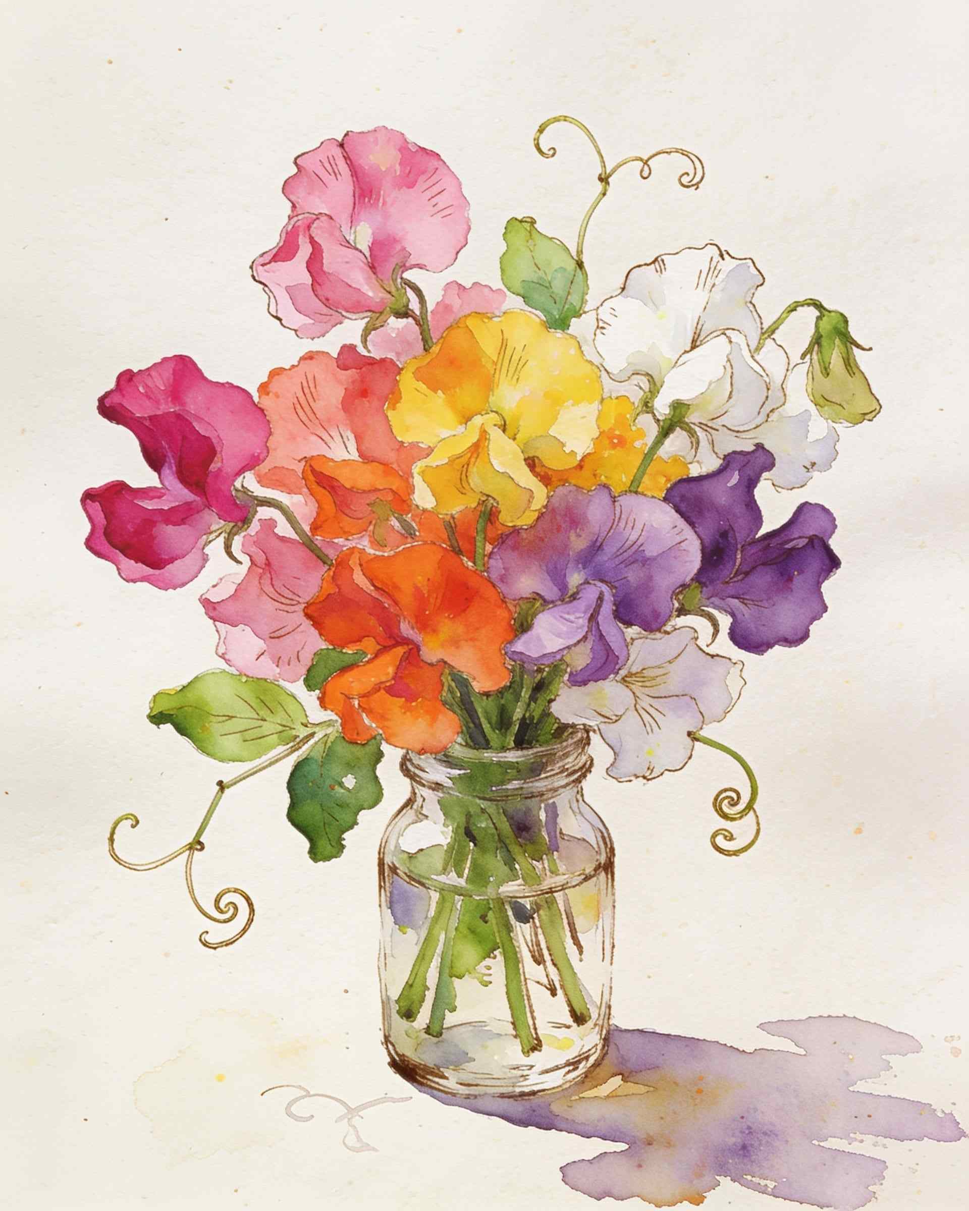 A watercolour of a posy of pink, orange, yellow and violet sweet peas in a small glass jar