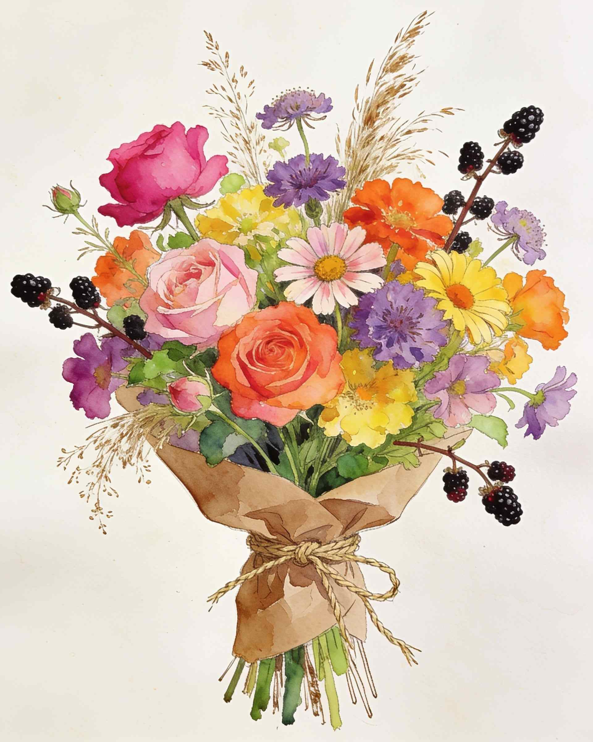 A watercolour of a bright bouquet of pink and orange roses, yellow daisies, violet scabious and blackberries in kraft paper