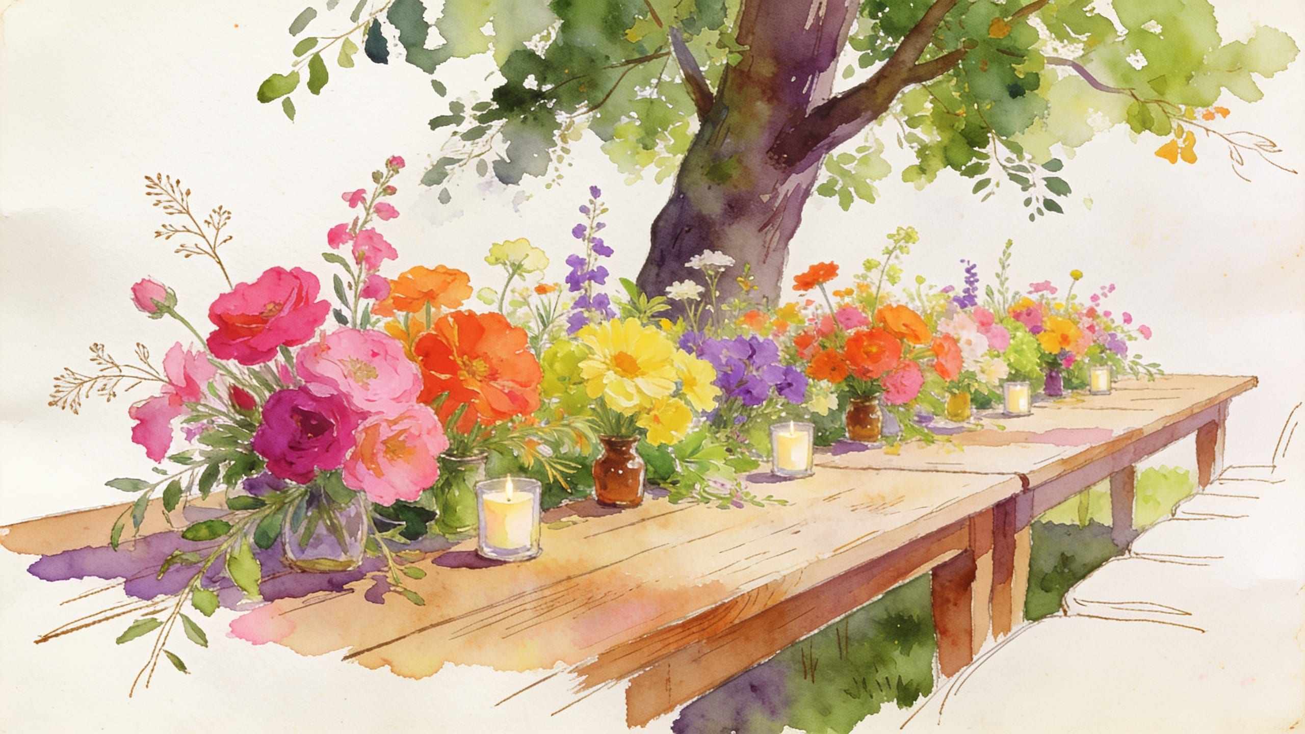 A watercolour of a long wooden table under a tree with pink, orange and yellow flowers and candles